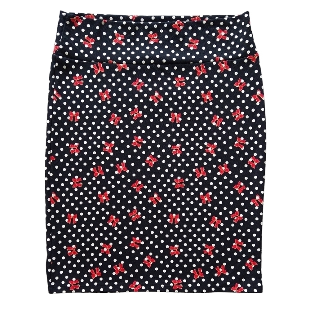 Lularoe Cassie Pencil Skirt Black Polka Dot Bow Knee Length Pull On Whimsical